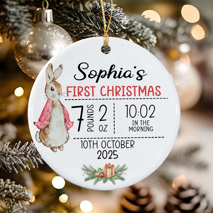 Personalized Baby First Christmas Bunny Photo Ceramic Ornament, Bunny Birth Stats Keepsake