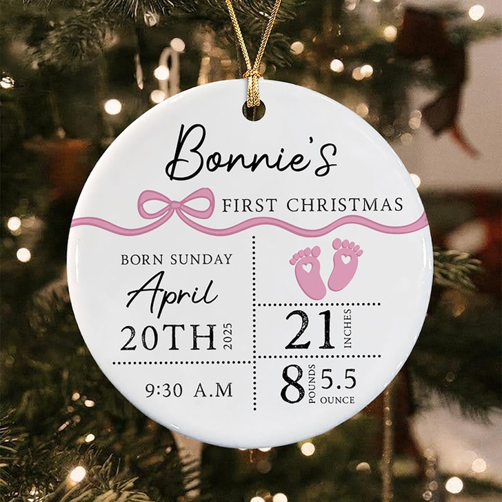 Personalized Baby First Christmas Ceramic Ornament, Photo & Birth Stats Keepsake