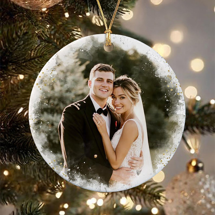 Custom First Christmas Married Mr & Mrs Photo Ceramic Ornament Keepsake