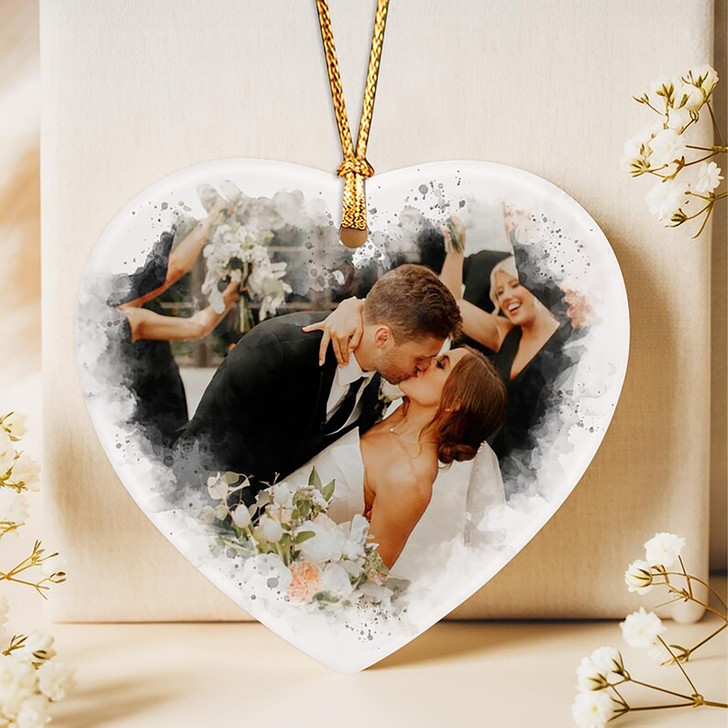 Custom Our First Christmas Married Ceramic Ornament, Mr & Mrs Photo Keepsake