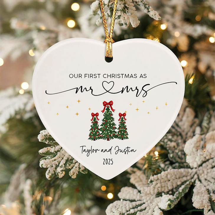 Custom Our First Christmas Married Ceramic Ornament, Mr & Mrs Photo Keepsake