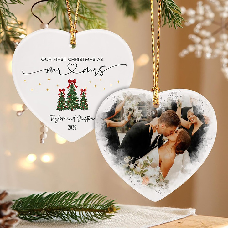 Custom Our First Christmas Married Ceramic Ornament, Mr & Mrs Photo Keepsake