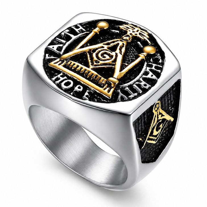 Master Masonic Silver Golden Freemason Compass Square Stainless Ring