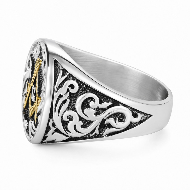 Vintage Freemason Masonic Square and Compass Horseshoe Ring Stainless Steel Jewelry