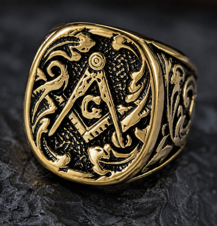 Vintage Freemason Masonic Square and Compass Horseshoe Ring Stainless Steel Jewelry