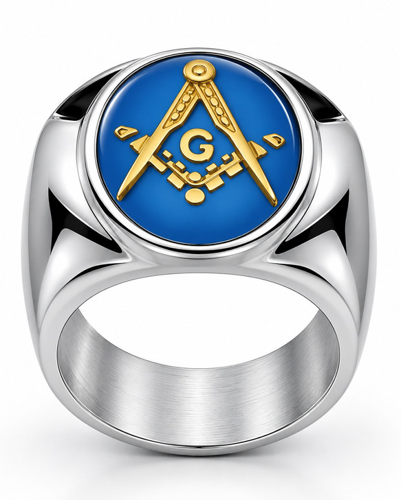 Blue Enamel Freemason Masonic Square and Compass Stainless Steel Signet Ring