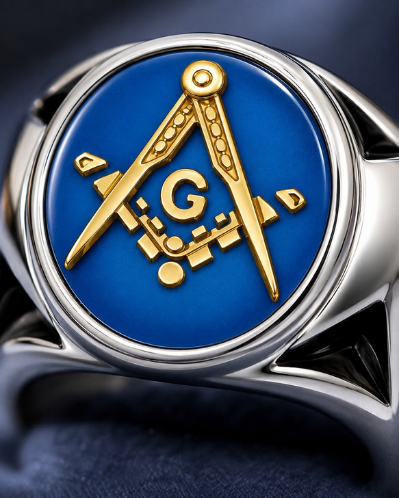 Blue Enamel Freemason Masonic Square and Compass Stainless Steel Signet Ring