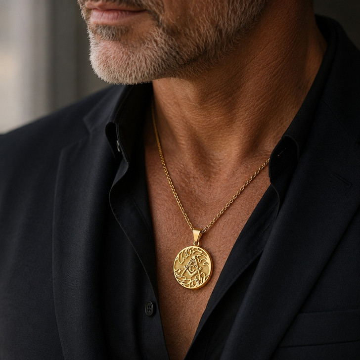 Masonic Master Mason Square Compass Medallion Pendant Necklace