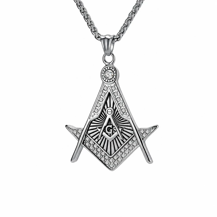 Masonic Master Mason Square Compass Rhinestone Pendant Necklace