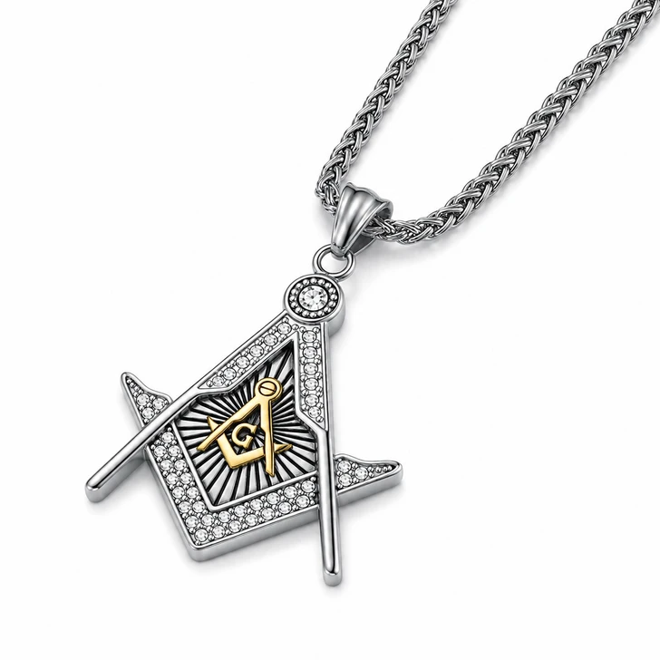 Masonic Master Mason Square Compass Rhinestone Pendant Necklace