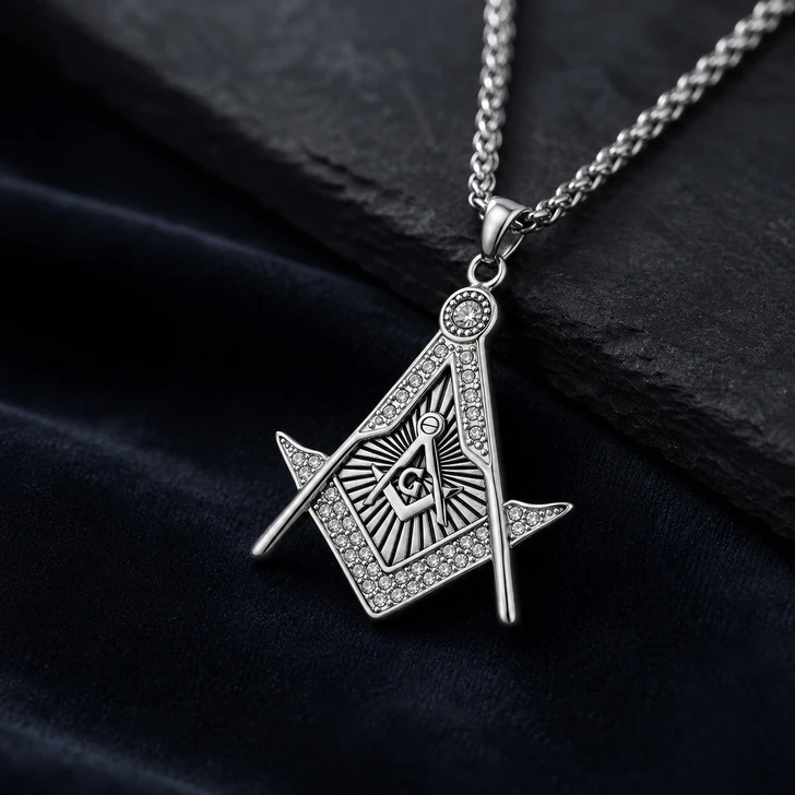 Masonic Master Mason Square Compass Rhinestone Pendant Necklace