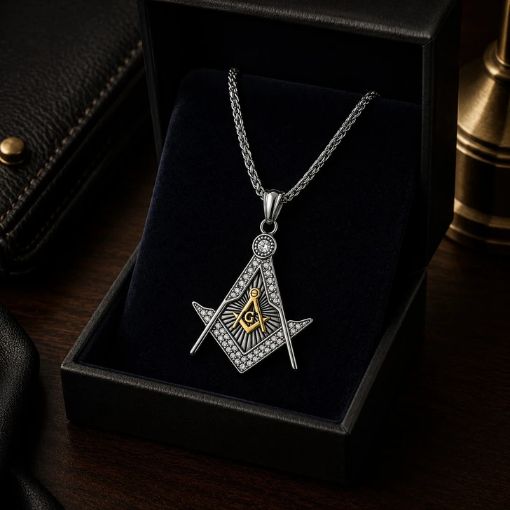 Masonic Master Mason Square Compass Rhinestone Pendant Necklace