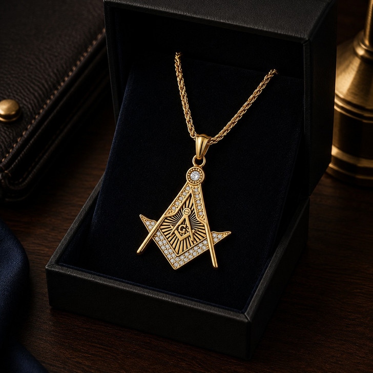 Masonic Master Mason Square Compass Rhinestone Pendant Necklace