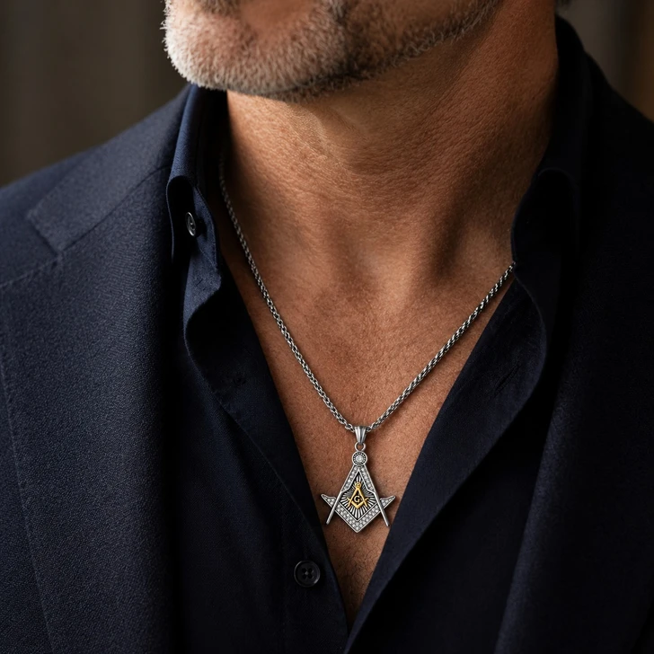 Masonic Master Mason Square Compass Rhinestone Pendant Necklace