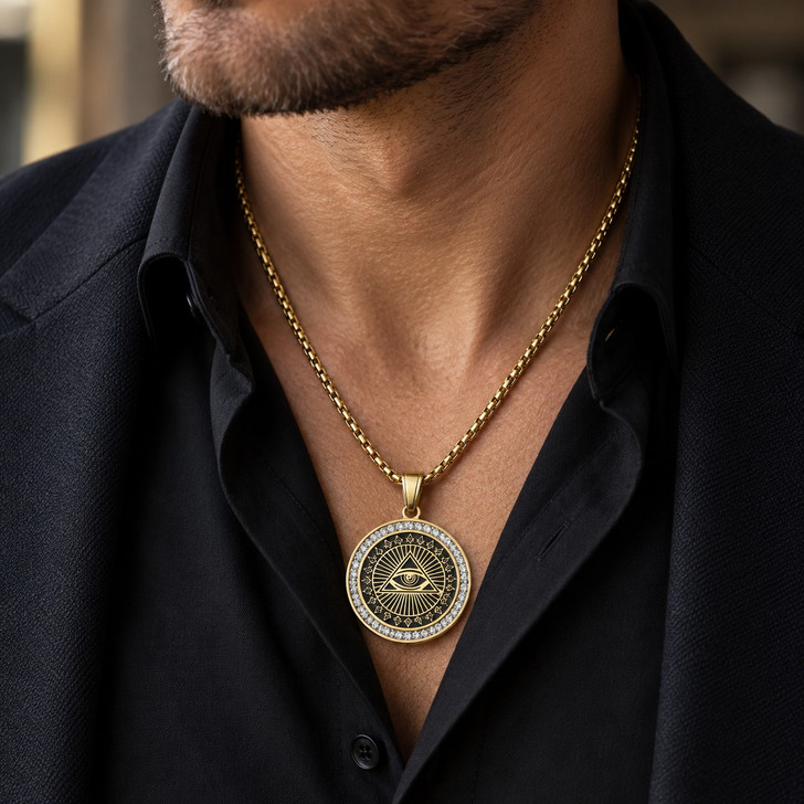 Masonic Eye of Providence Rhinestone Round Pendant Necklace