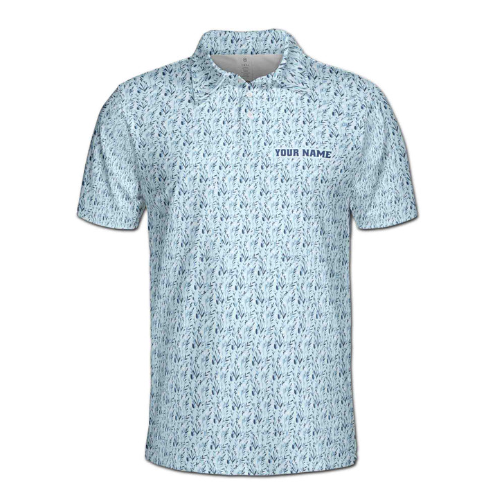 Personalized Golf Polo Shirt, Custom Name Botanical Golf Shirt, Blue Leaf Print Polo, Country Club Golf Gift, Men's Polo Shirt S-5XL