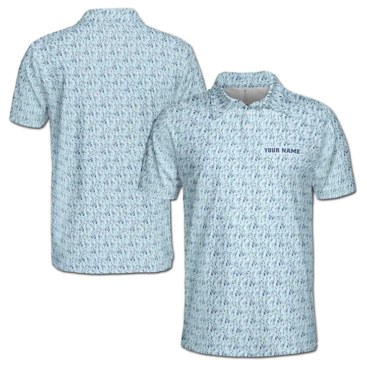 Personalized Golf Polo Shirt, Custom Name Botanical Golf Shirt, Blue Leaf Print Polo, Country Club Golf Gift, Men's Polo Shirt S-5XL