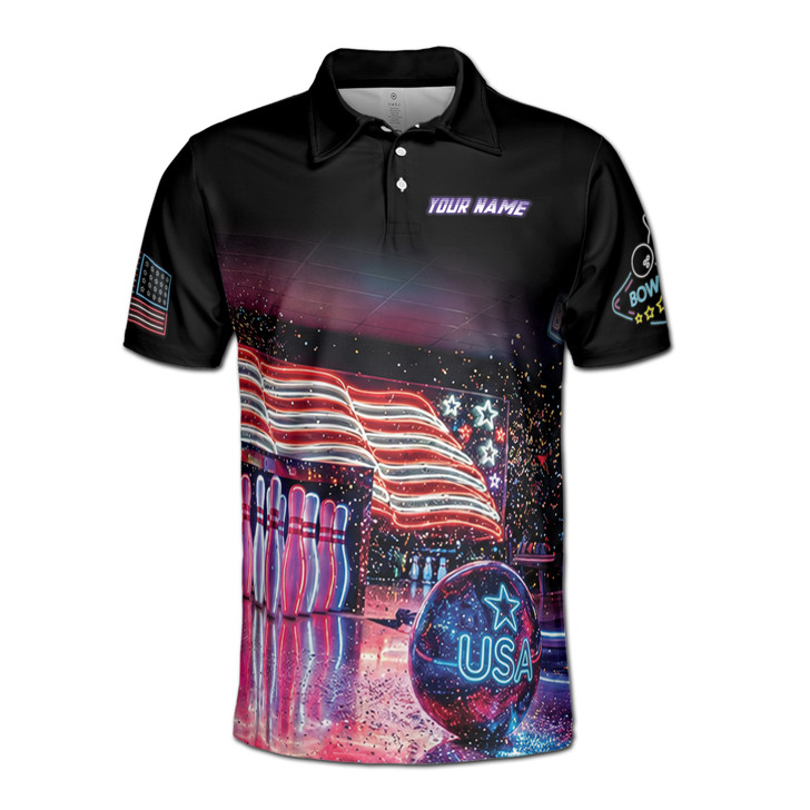 Personalized Bowling Polo Shirt, American Flag Bowling Team Jersey, Custom Team Name, Patriotic Bowler Gift, Men's Polo Shirt S-5XL