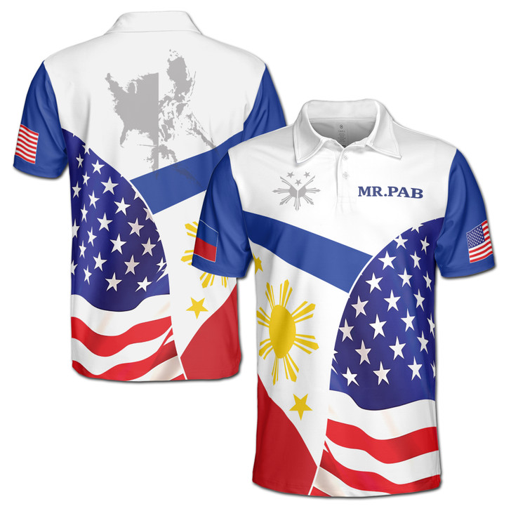 Personalized Filipino American Polo Shirt, Philippines USA Flag Shirt, Custom Name Pinoy Pride, Filipino Gift, Men's Polo Shirt S-5XL