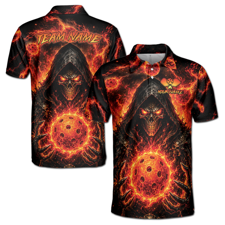 Personalized Pickleball Polo Shirt, Custom Name & Team Pickleball Jersey, Fire Skull 3D Sports Shirt, Men's Polo Shirt S-5XL