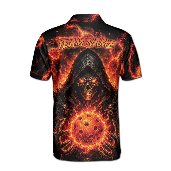 Personalized Pickleball Polo Shirt, Custom Name & Team Pickleball Jersey, Fire Skull 3D Sports Shirt, Men's Polo Shirt S-5XL