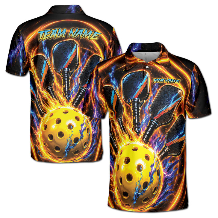 Personalized Pickleball Polo Shirt, Custom Name & Team Pickleball Jersey, Fire Lightning 3D Sports Shirt, Men's Polo Shirt S-5XL