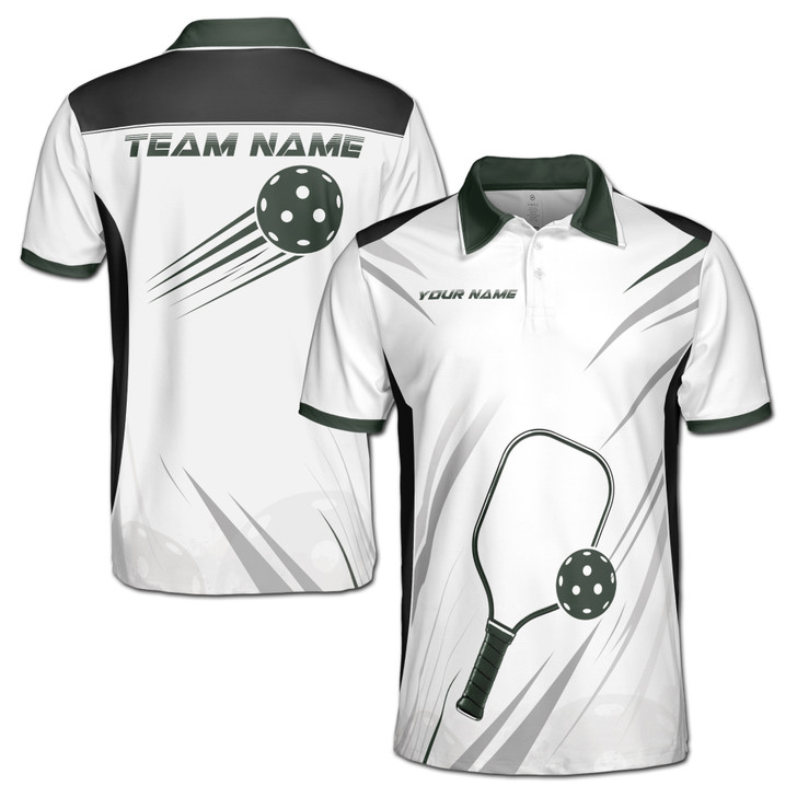 Personalized Pickleball Polo Shirt, Custom Name & Team Pickleball Jersey, White Green Paddle Sports Design, Men's Polo Shirt S-5XL