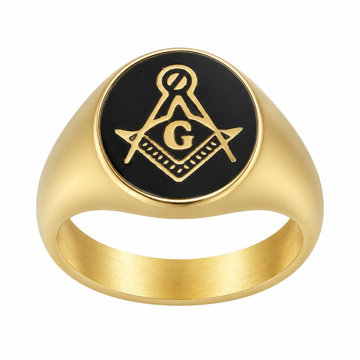 Masonic Master Mason Square Compass Black Signet Stainless Ring