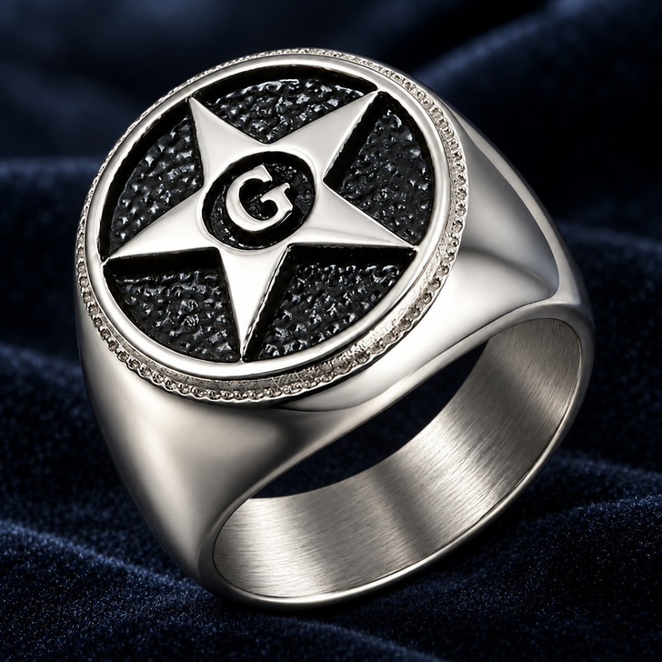 Freemason Blazing Star G Letter Signet Stainless Steel Ring