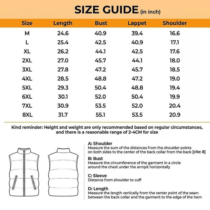 Puffer Vest Size Chart