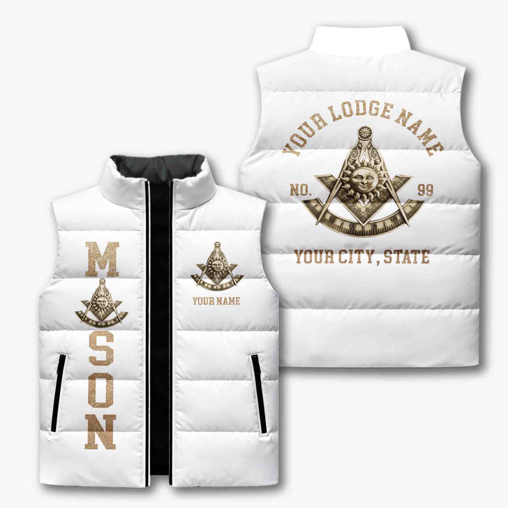Personalized Master Mason Puffer Vest, Custom Masonic Lodge Name Jacket, Freemason Gift, Masonic Vest, Plus Size M-8XL