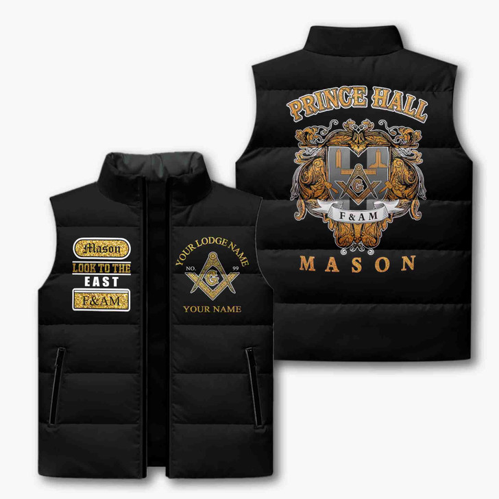 Personalized Prince Hall Mason Puffer Vest, Custom F&AM Masonic Lodge Jacket, Master Mason Gift, Freemason Vest, Plus Size M-8XL