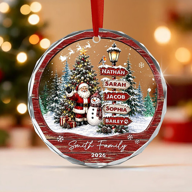 Custom Family Christmas Santa Signpost Glass Ornament Keepsake