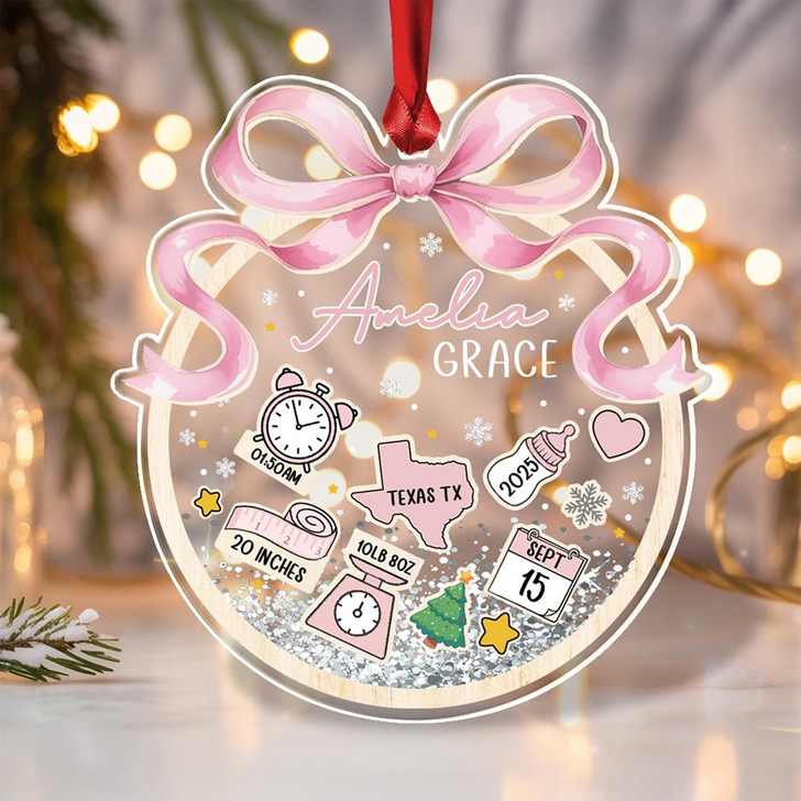 Personalized Baby First Christmas Acrylic Ornament, Pink Blue Bow Keepsake