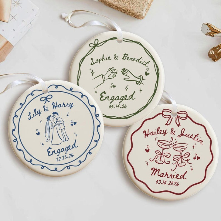 Custom 2-Sided Ceramic Ornament, Custom Engagement Gift for Couples and Newlyweds