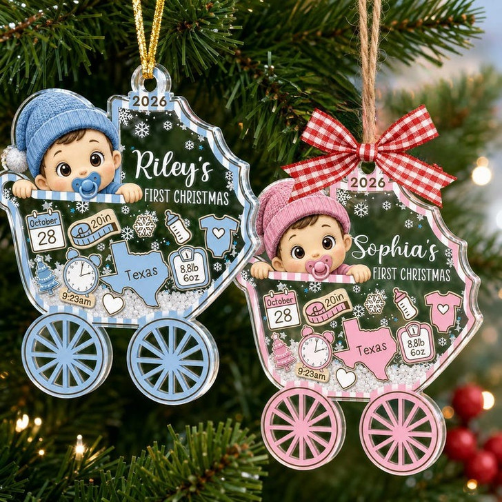 Personalized Baby's First Christmas Ornament 2026, 4D Shaker Acrylic Ornament, Baby Birth Stats Keepsake