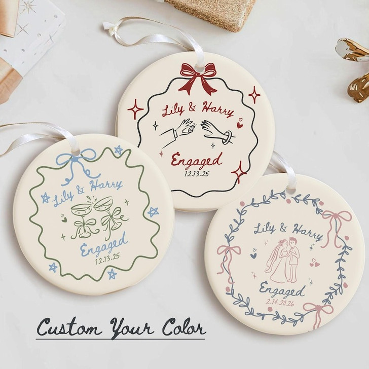 Custom Color Wedding Ceramic Ornament, Personalized Engagement Gift for Couple