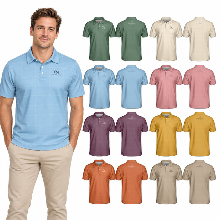 Personalized Men's Minimalist Golf Polo Shirt, Custom Name and Initials, Subtle Windowpane Check Pattern