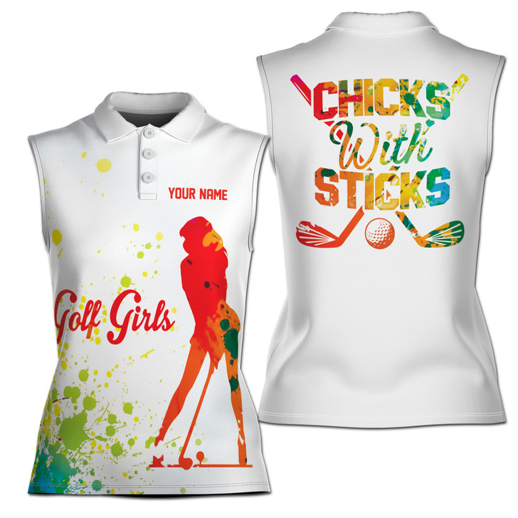 Custom Name Chicks With Sticks Golf Sleeveless Women's Polo Shirt XS-4XL