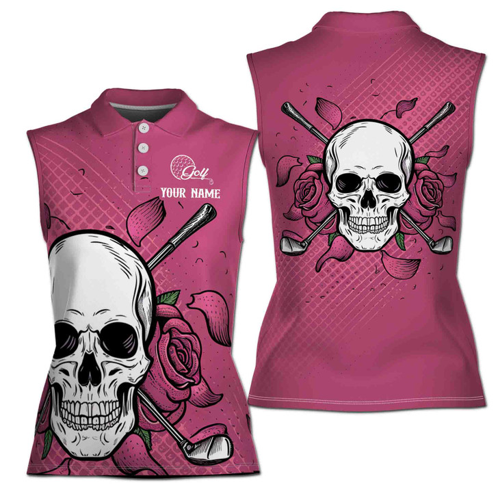 Custom Name Skull Rose Golf Sleeveless Women's Polo Shirt XS-4XL