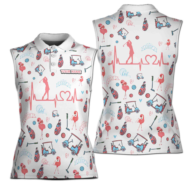Customized Name Flamingo Golf Heartbeat Sleeveless Women's Polo Shirt XS-4XL