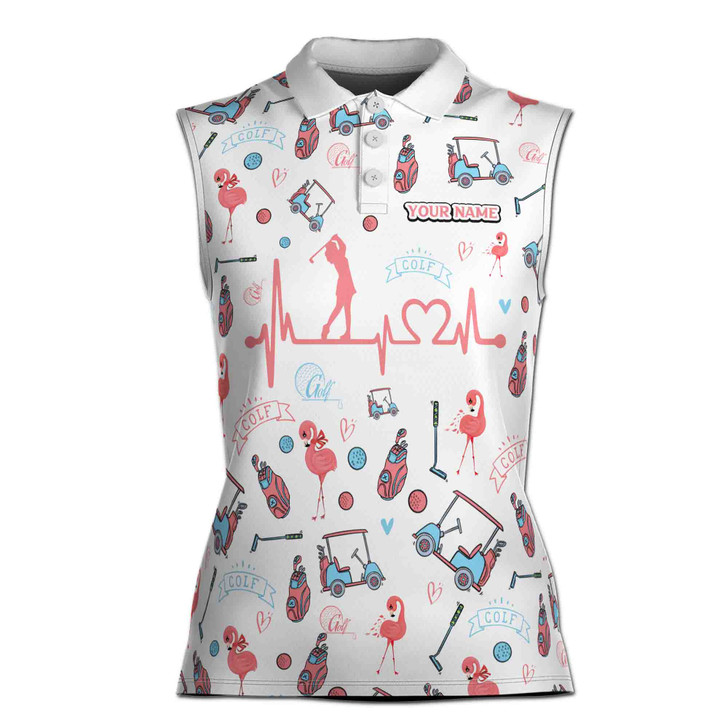 Customized Name Flamingo Golf Heartbeat Sleeveless Women's Polo Shirt XS-4XL-2