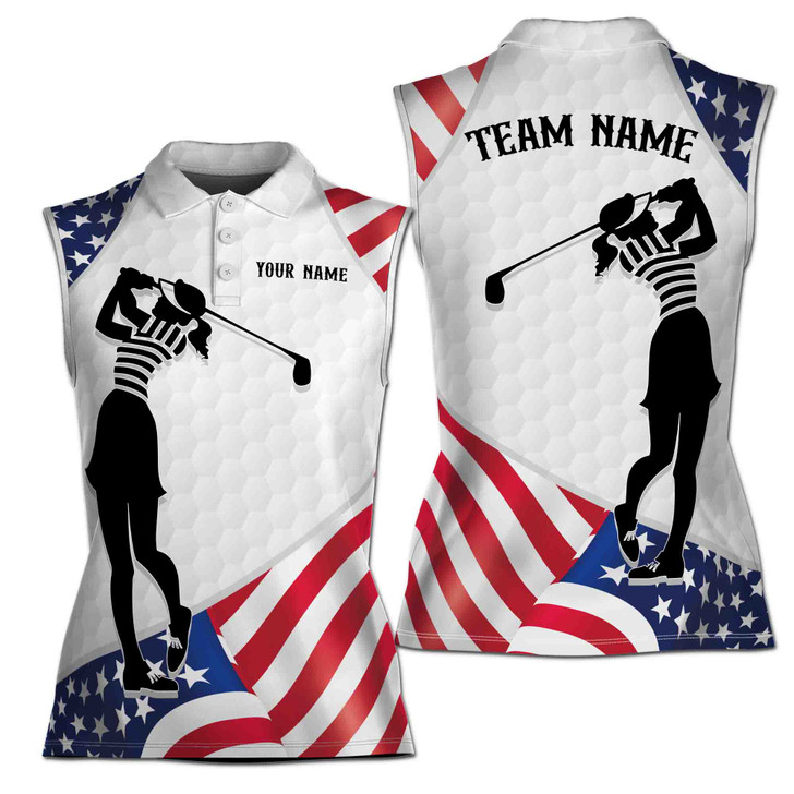 American Flag Lady Golfer Team Custom Name Sleeveless Women's Polo Shirt XS-4XL