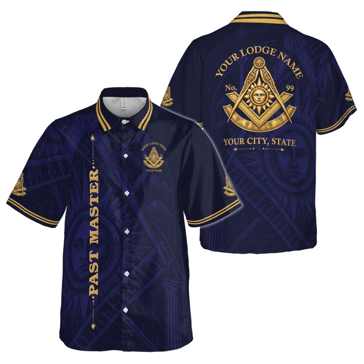 Custom Past Master Lodge Black Gold Square Compasses Button Down Shirt S-5XL