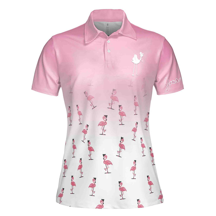 Custom Name Pink And White Golf Flamingo Talk Birdie To Me Women's Polo Shirt S-5XL
