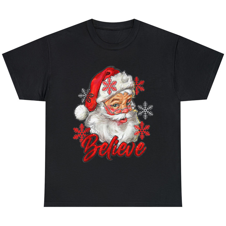 Vintage Snow And Santa Claus Merry Christmas Believe Christ T-Shirt S-5XL