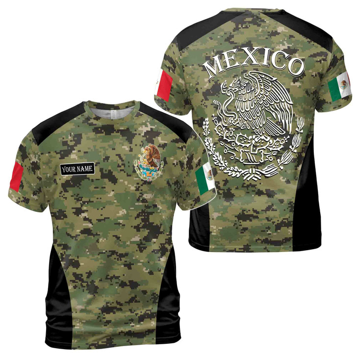 Custom Name Pixel Camo Mexico Coat of Arms Mexico Patriotic Men's T-shirt S-5XL