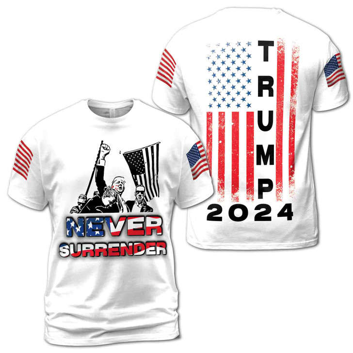 Patriotic America Flag Never Surrender TRUMP 2024 Men's T-shirt S-5XL