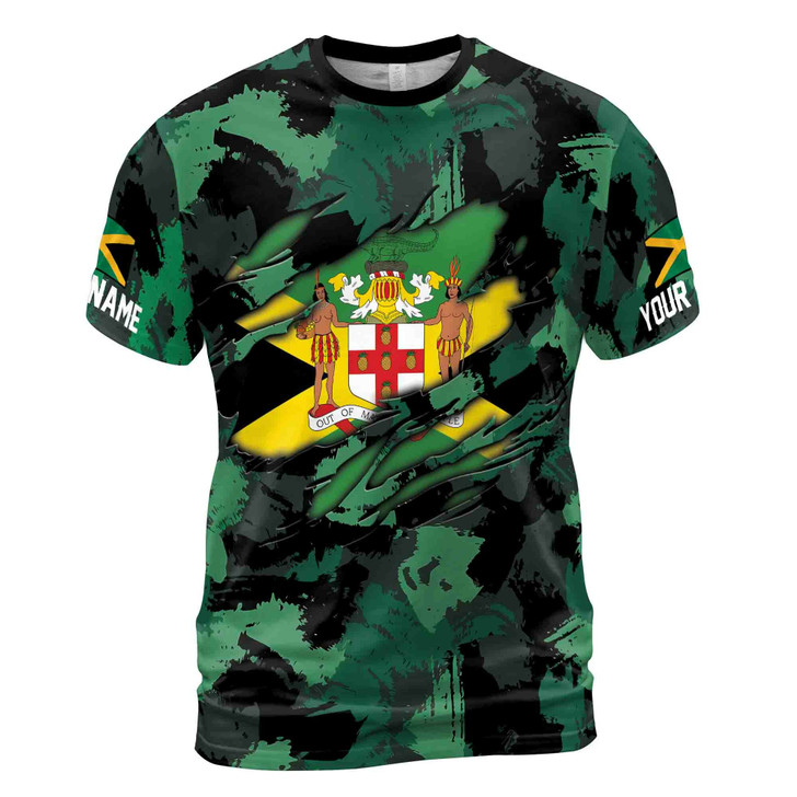Custom Name Jamaica Coat of Arms Jamaica Flag Camo Men's T-shirt S-5XL