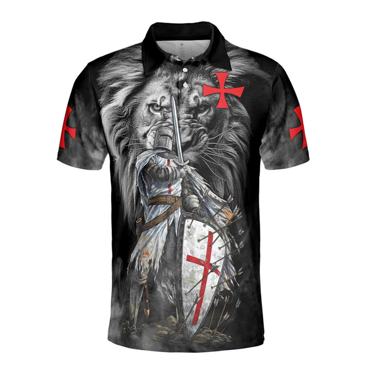 August Lion Behind Knight Templar Grunge Men's Polo Shirt S-5XL